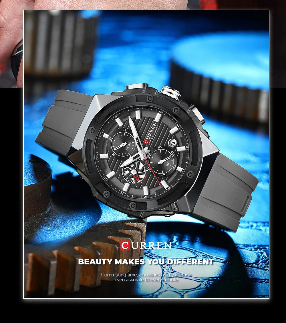 CURREN Classic Brand Men's Wristwatches Casual Business Quartz Silicone Watches with Luminous Hands Chronograph Dial