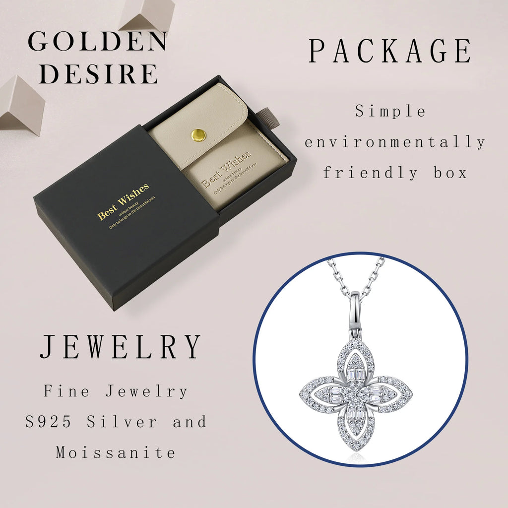 0.53ctw Four-Petal Flower Moissanite Necklace S925 Silver Mixed Baguette Round Stones Women Fashion Clavicle Chain