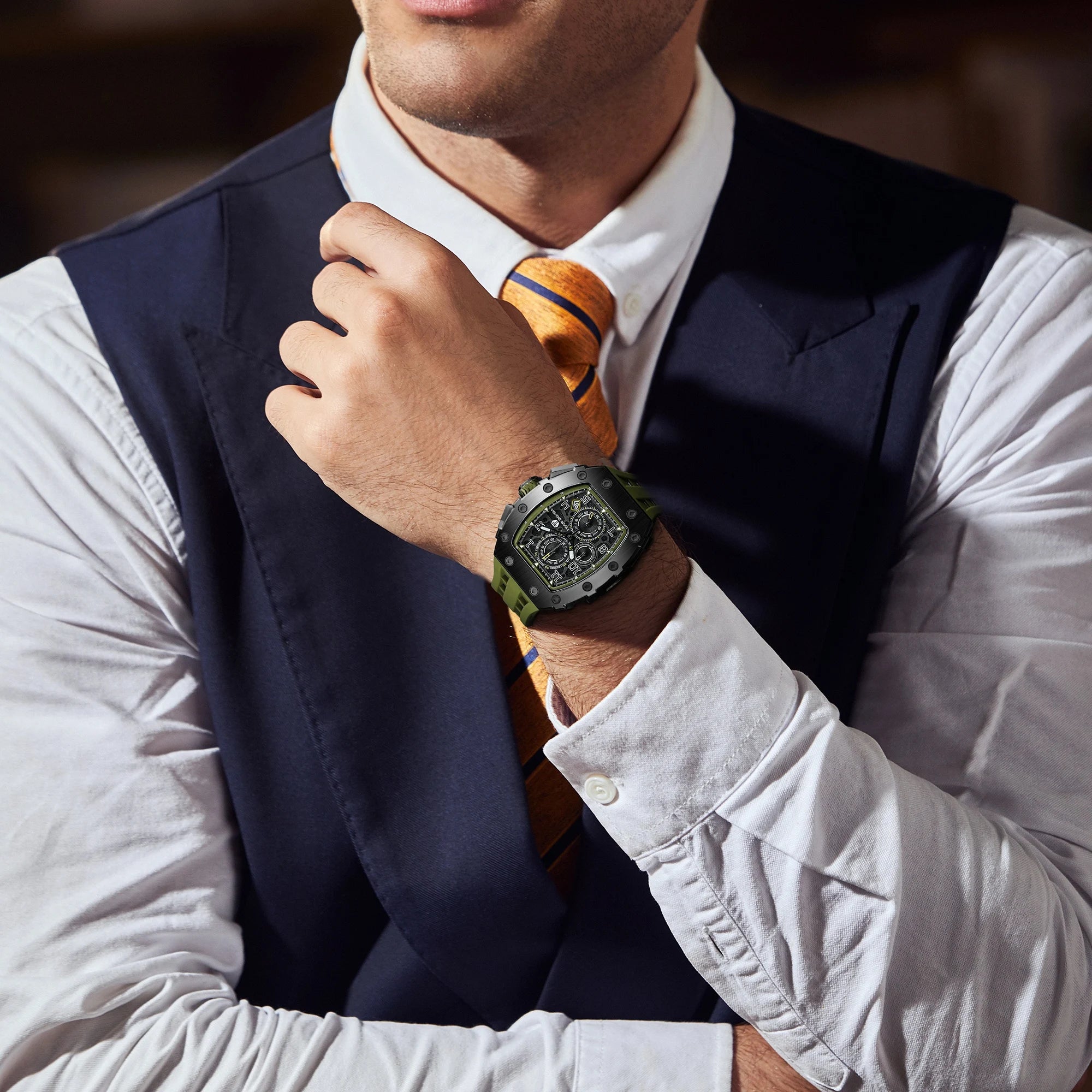 TSAR BOMBA Luxury Tonneau Quartz Watch for Men Japanese Movement, Stainless Steel Case,  Elegant Dress Wristwatch