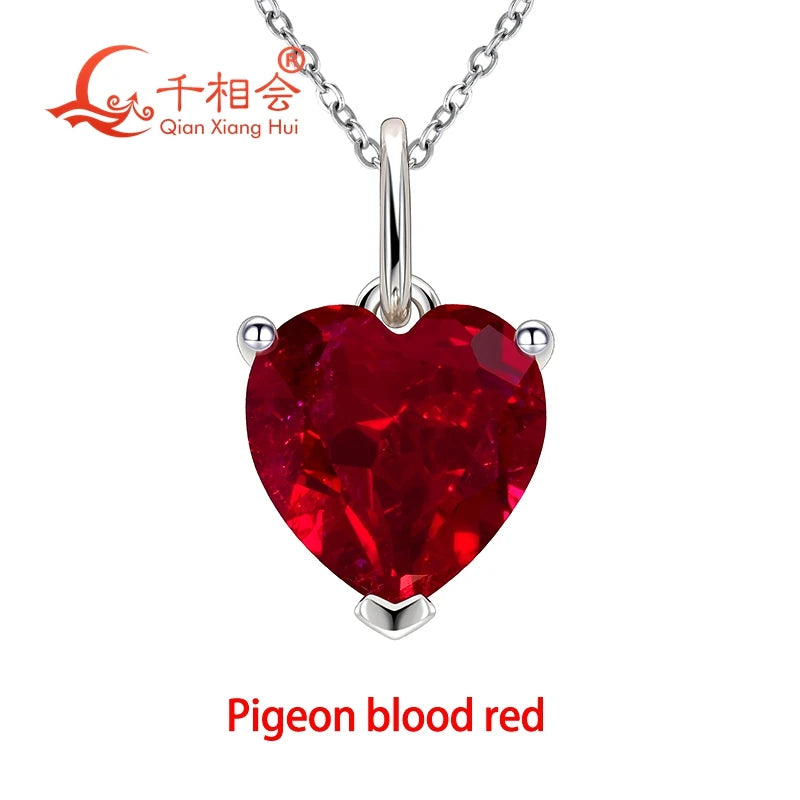 3.6ct 9*9mm S925 Silver Heart Shape Lab Grown Royal Blue/Cornflower Sapphire Pigeon Blood Red Inclusions Stone Pendant Necklace