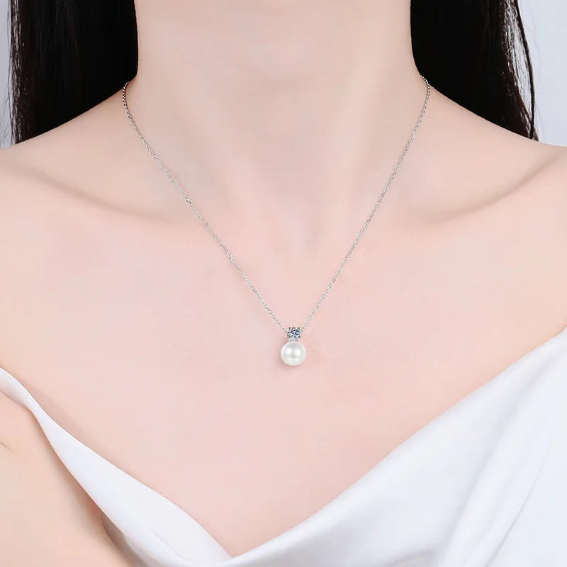 925 Sterling Silver Pearl Pendant Necklace D VVS1 Moissanite Crown Setting Pearl Charm Necklace For Women