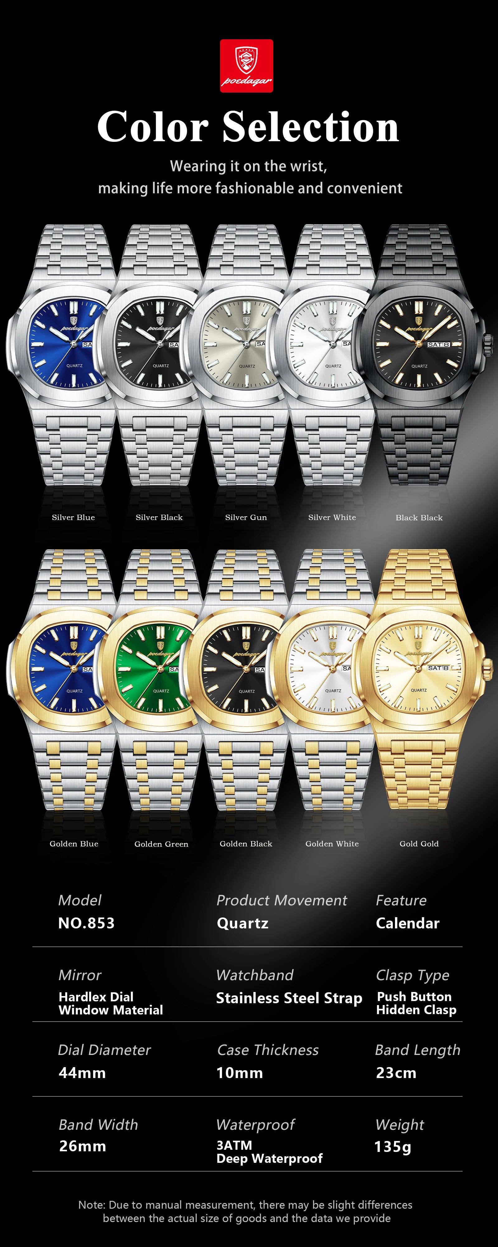 POEDAGAR Original Square Watches For Men Week Date Stainless Steel Man Watch Luminous Waterproof Luxury Men's Quartz Wristwatch