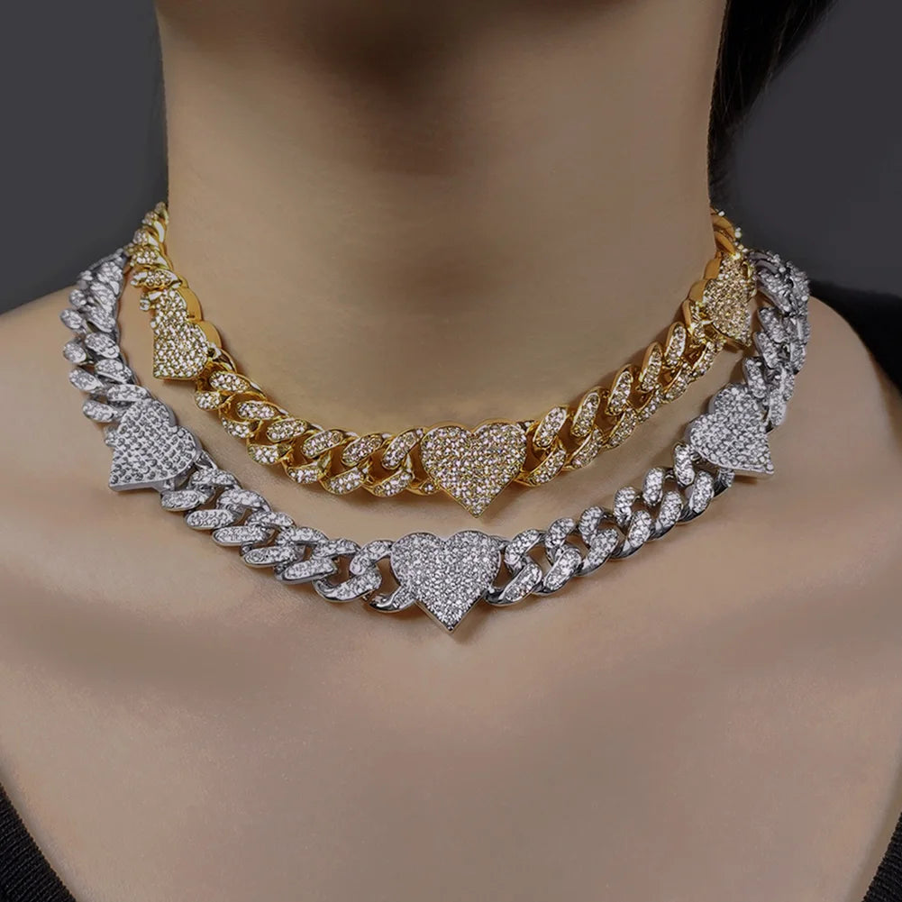 Heart Cuban Chain Necklace for Women, Gold Silver Color Iced Out Rhinestone Choker, 16/18/20 Inch Link Chain Jewelry
