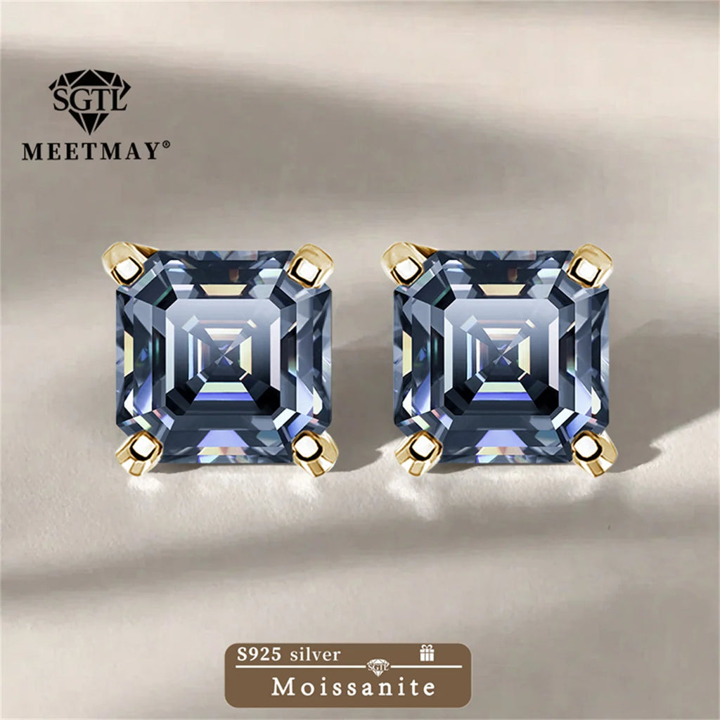 GRA Certified S925 sterling silver four-prong stud earrings Asscher Cut Moissanite earrings for women fine jewelry Free gift box