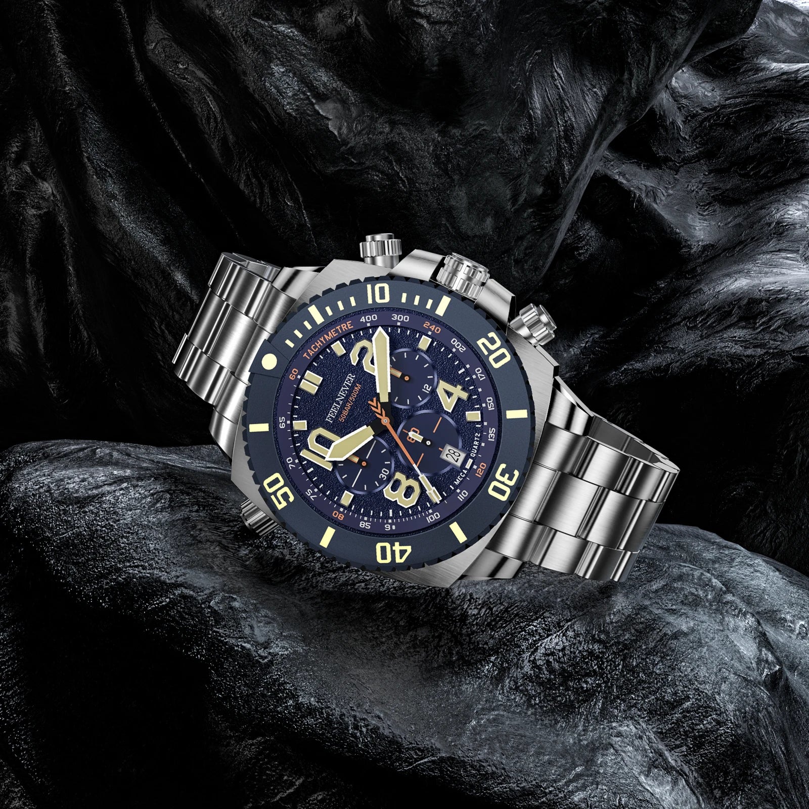 FeelNever Sport Automatic Movement Quartz Watch Stainless Steel Sapphire Crystal Watches Men 500M Waterproof Clocks Reloj Hombre