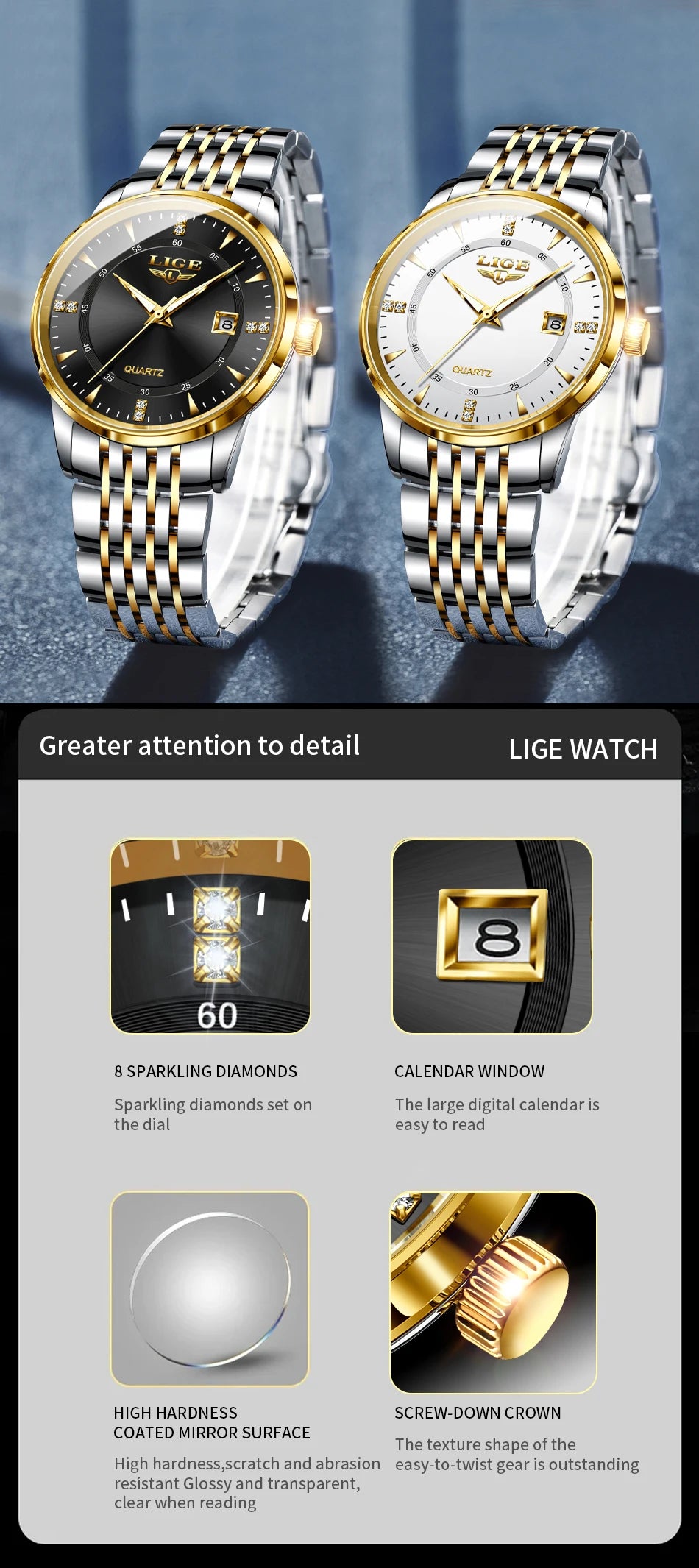 LIGE Luxury Quartz Wristwatches Mens Watch Stainless Steel Watches Luminous Date Waterproof Outdoor Diving Sports Watch reloj