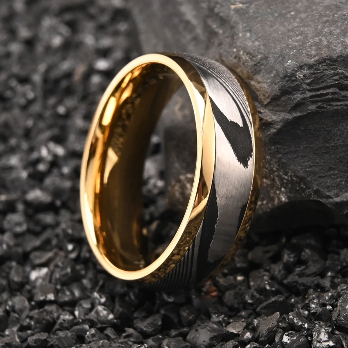 8MM Gold Color Damascus steel ring for man fashion jewelry Men's wedding bands engagement Promise rings Fine gifts Comfort Fit