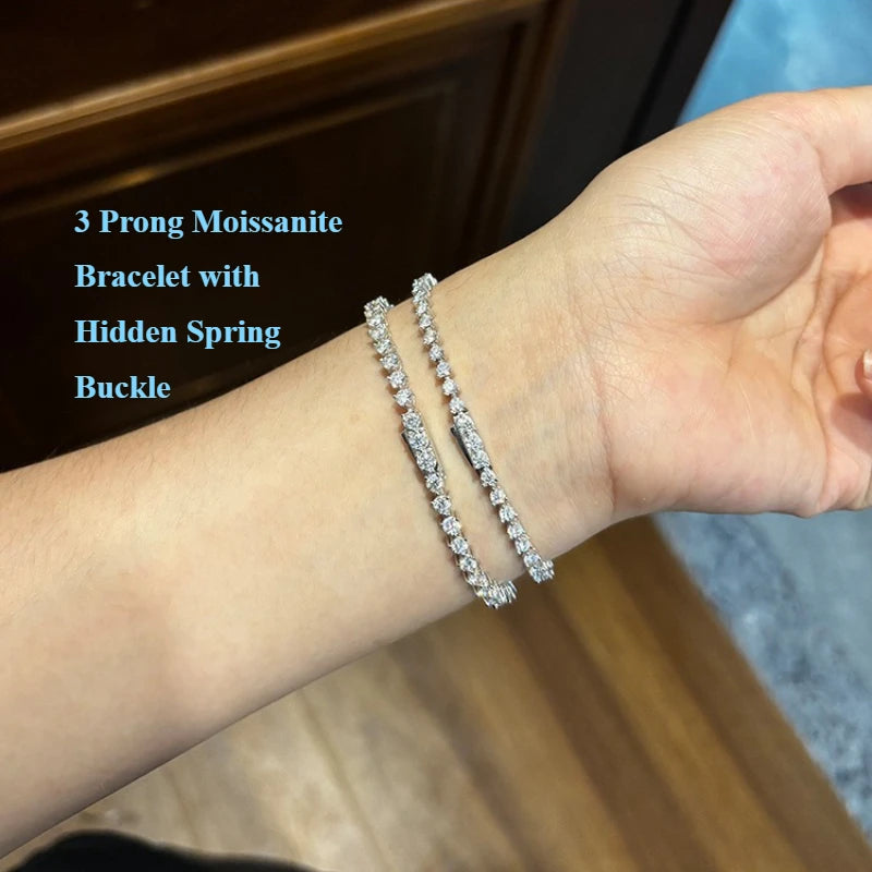 EWYA 3 Prong 2.5mm 3mm Full D Color Moissanite Diamond Tennis Bracelet for Women 925 Silver Link Chain Spring Buckle Bracelets