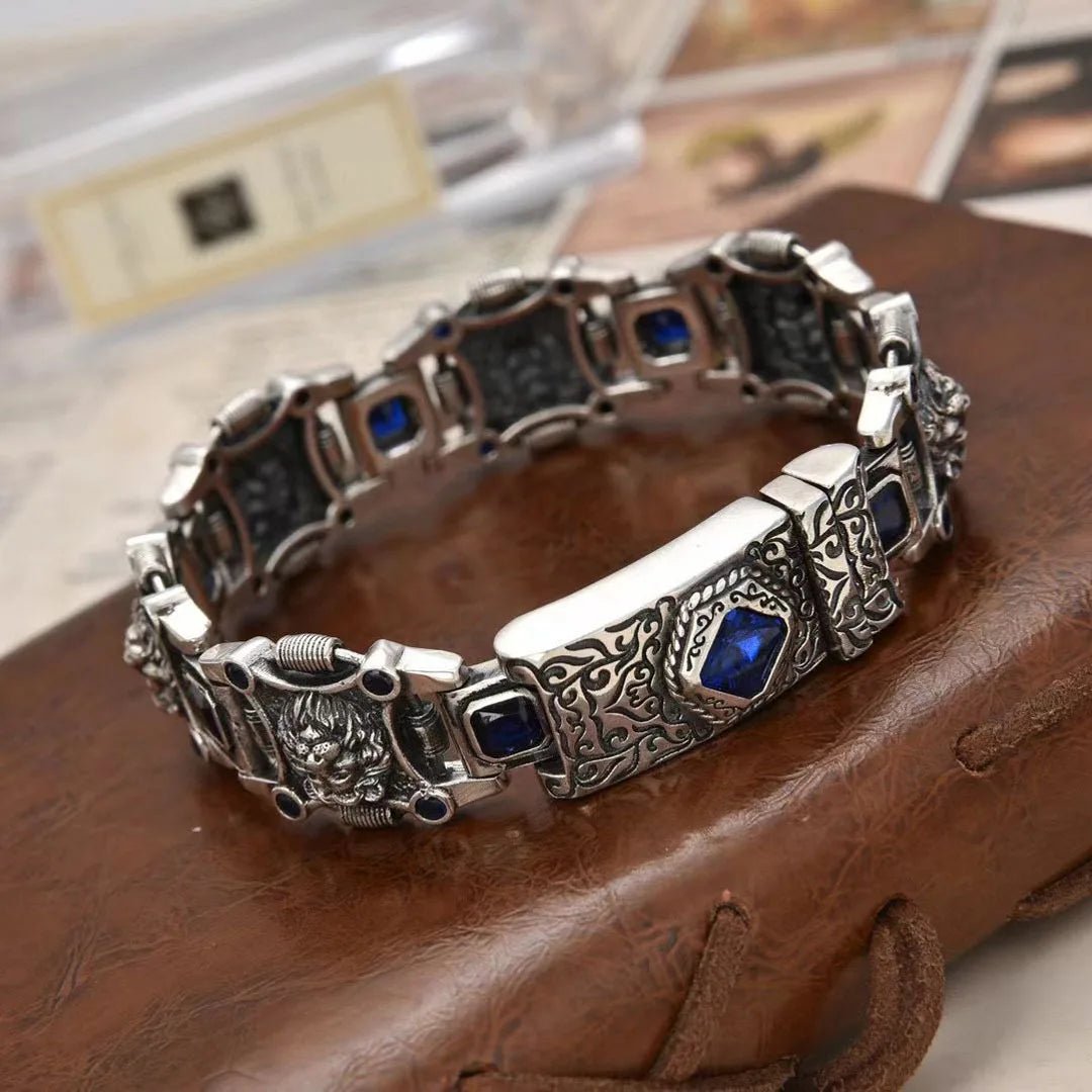 New China-Chic Men's Personality Lion Hegemony Bracelet Wide Edition Blue Diamond Bracelet Jewelry