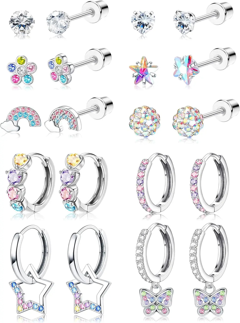 Bobisty 10Paris Earrings Stainless Steel Screw Back Earrings Set For Sensitive Ears Cute Pink Zircon Earrings Hypoallergenic