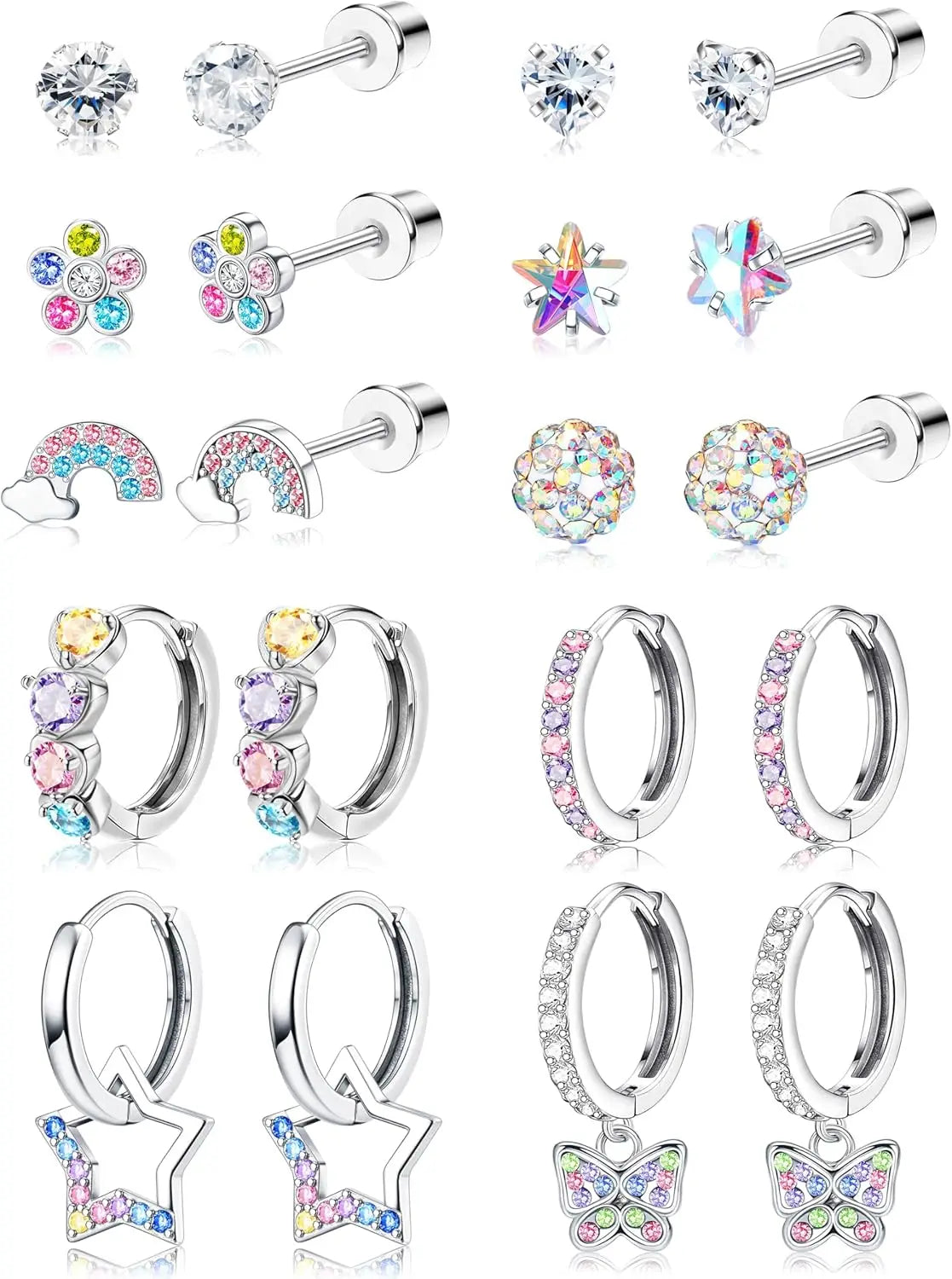 Bobisty 10Paris Earrings Stainless Steel Screw Back Earrings Set For Sensitive Ears Cute Pink Zircon Earrings Hypoallergenic