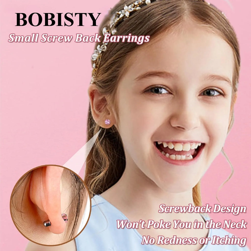 Bobisty 10Paris Earrings Stainless Steel Screw Back Earrings Set For Sensitive Ears Cute Pink Zircon Earrings Hypoallergenic