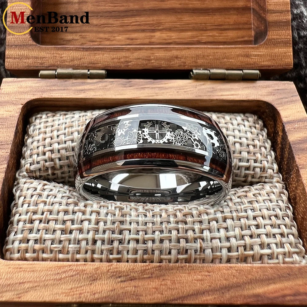 MenBand Finish 10MM Men Women Gear Ring Tungsten Wedding Band Domed With Wood Inlay Comfort Fit Size 7-15