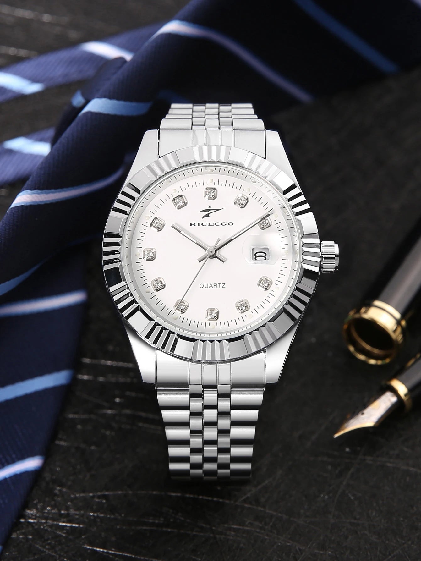 Business men's quartz wristwatch calendar display with diamonds showcases unique taste, making it the perfect gift for him