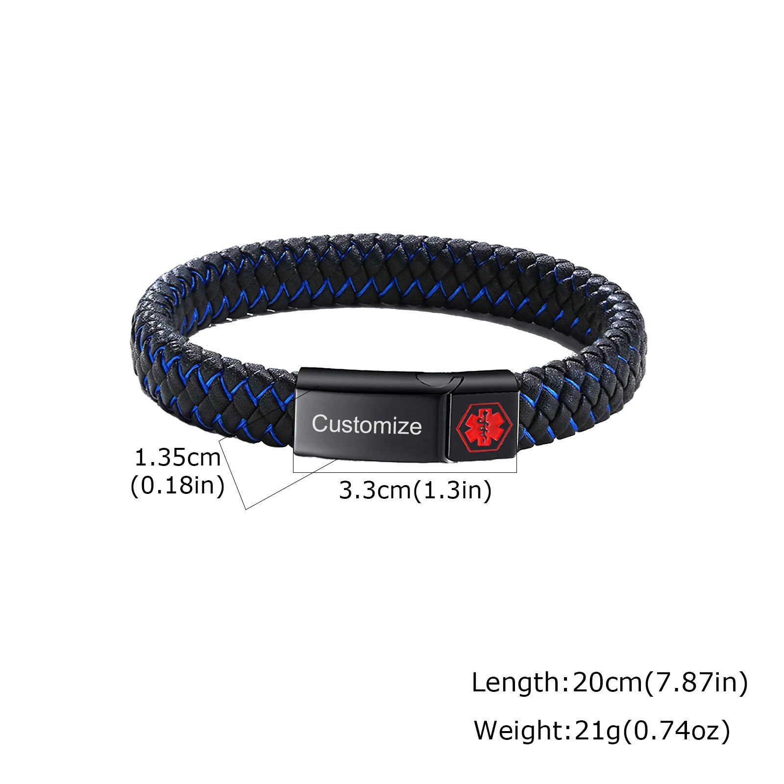 Red Medical Men's Bracelet,Black Genuine Leather ID Bracelet,Type 1/2 Diabetes Alzheimer Epilepsy Customize Bracelet for Dad