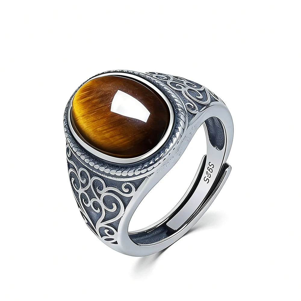 925 Sterling Silver Vintage Natural Tiger's Eye Stone 10*14MM Retro Style Large Stone Finger Rings Fine Jewelry For Men