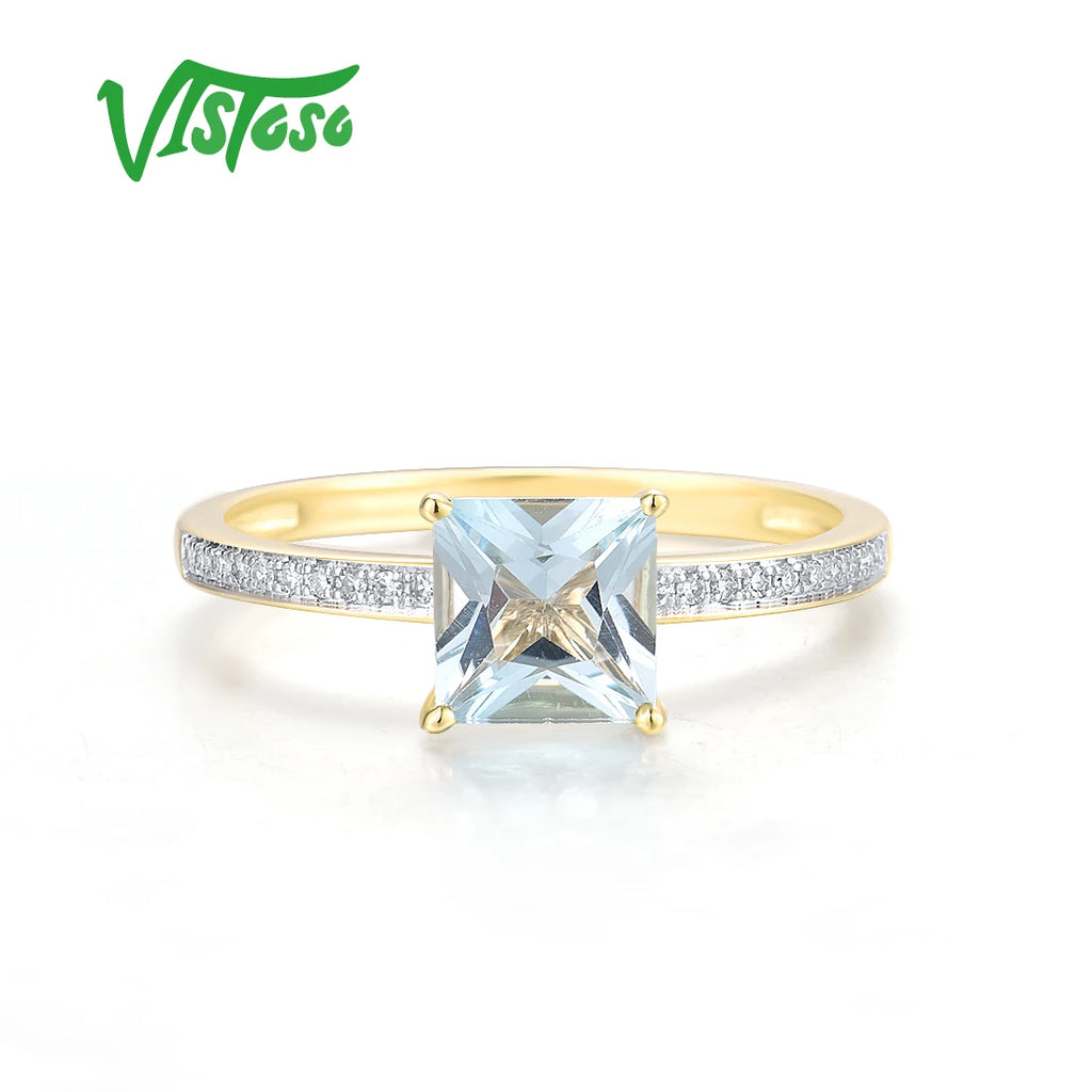 VISTOSO Genuine 9K 375 Yellow Gold Ring For Women Sparkling Diamond Blue Topaz Minimalism Daily Wear Solitaire Fine Jewelry