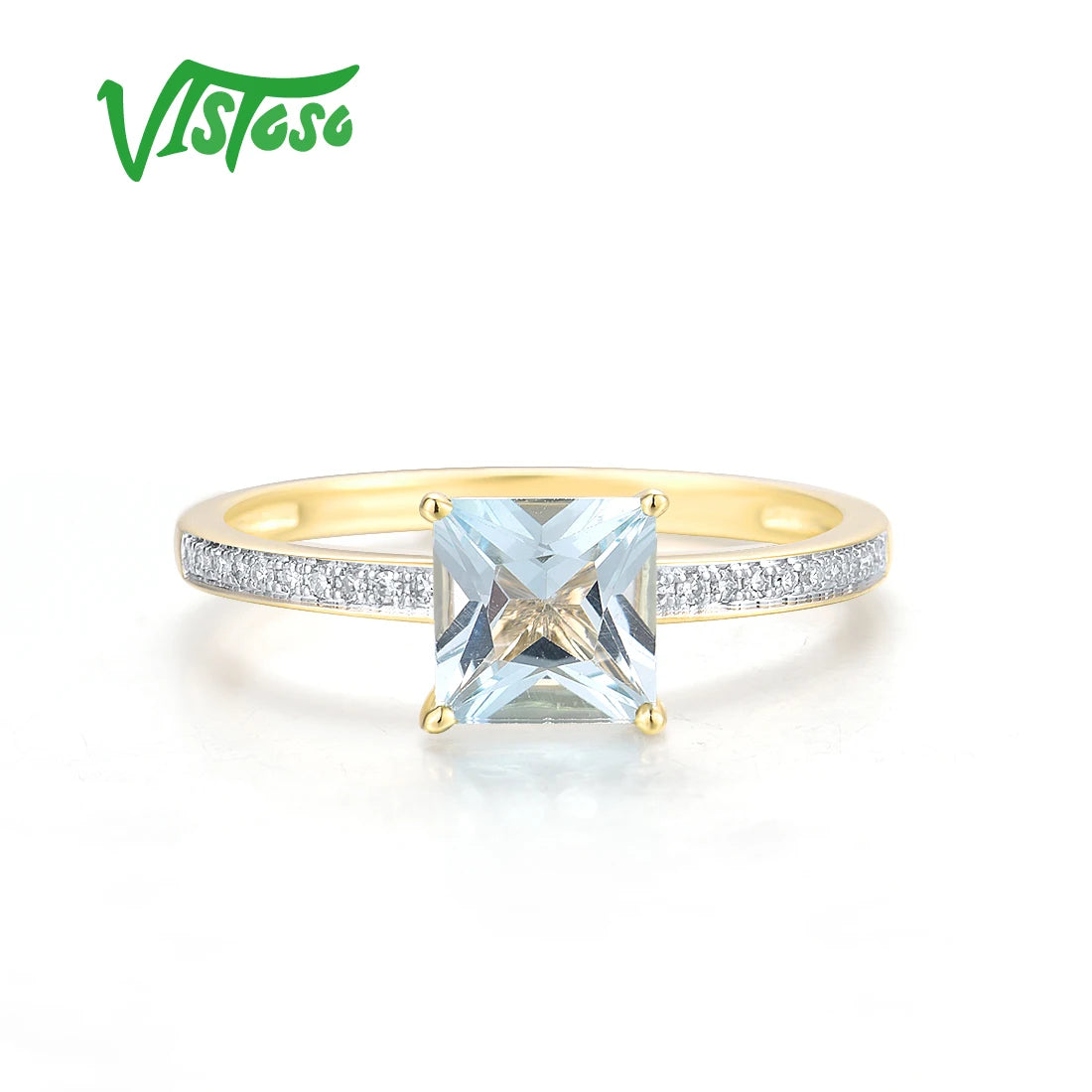 VISTOSO Genuine 9K 375 Yellow Gold Ring For Women Sparkling Diamond Blue Topaz Minimalism Daily Wear Solitaire Fine Jewelry