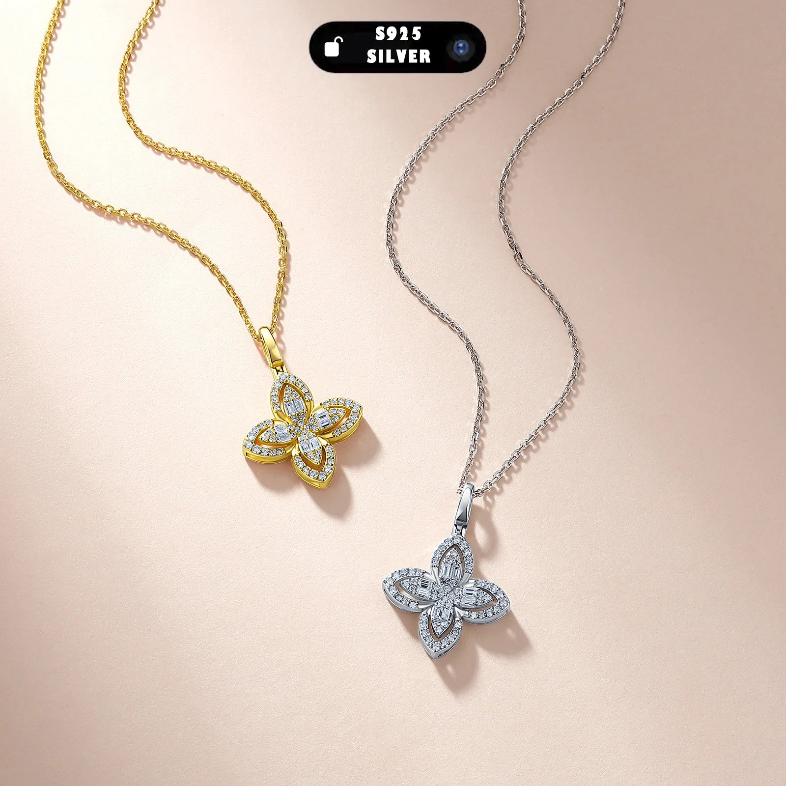 0.53ctw Four-Petal Flower Moissanite Necklace S925 Silver Mixed Baguette Round Stones Women Fashion Clavicle Chain