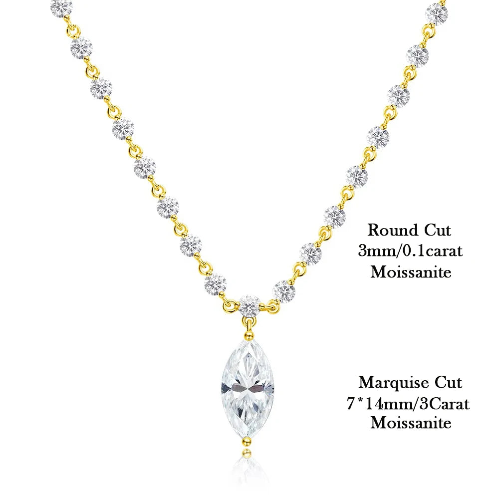 3MM Round Bubble Moissanite Diamond Tennis Neclace With 3carat Marquise Cut Pendant Neck Chain For Women 925 Silver Fine Jewelry