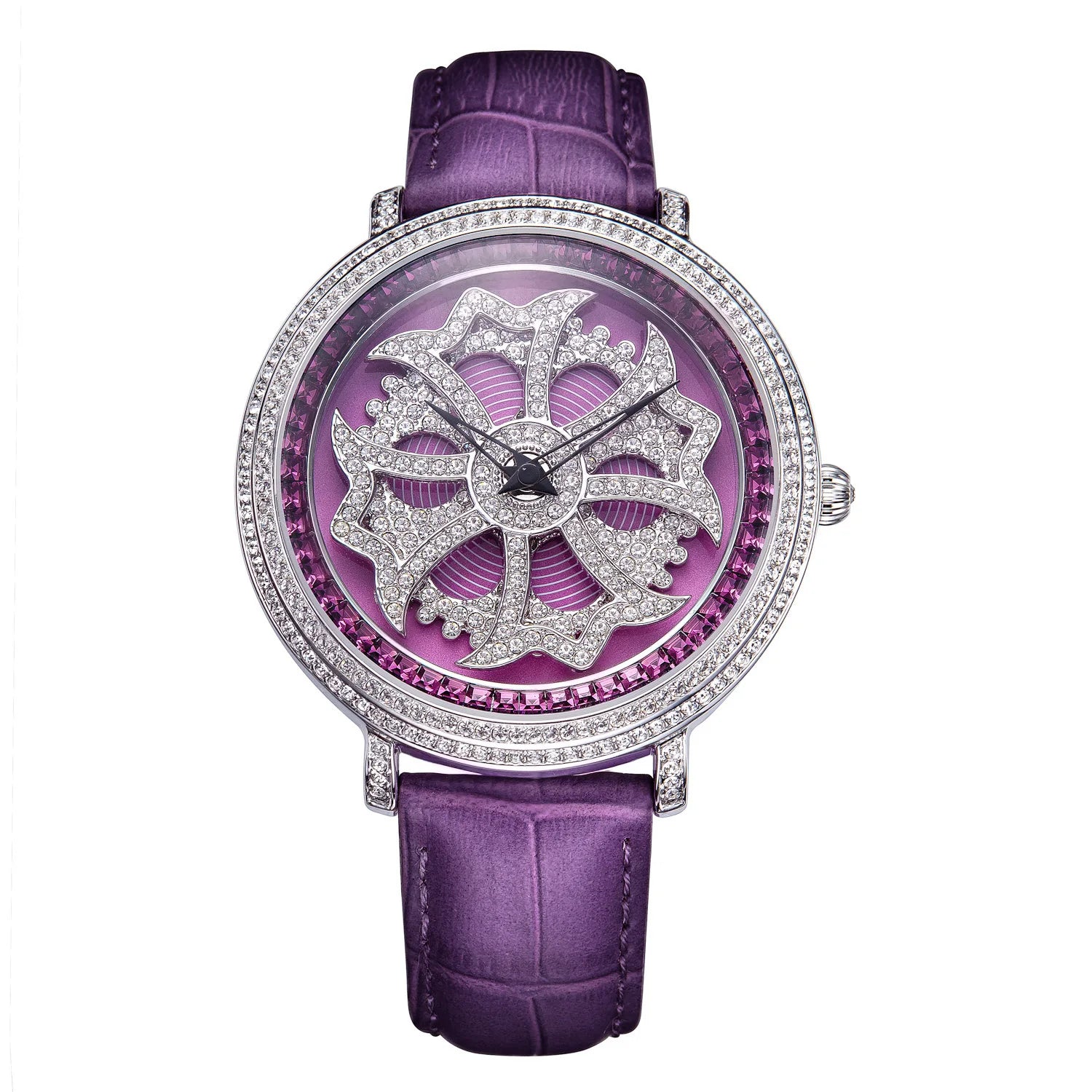 Davena Lady Women's Watch Spin Crystal Rhinestones Hours Fashion Real Leather Bracelet Luxury Girl's Birthday Gift Box