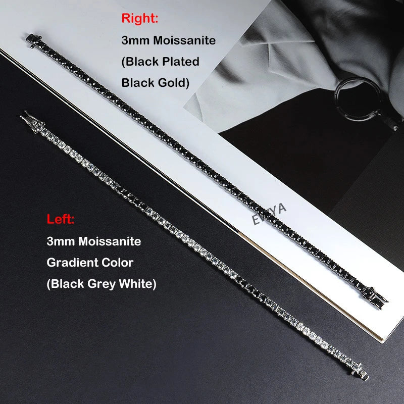 EWYA GRA Certified 3mm 0.1CT Gradient Color Black Grey White Moissanite Tennis Bracelet for Men Woman 925 Silver Link Bracelets