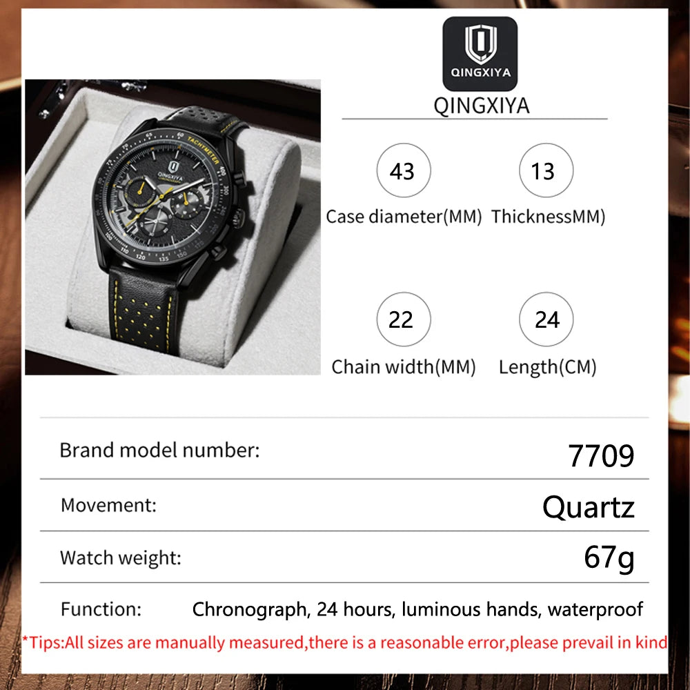 QINGXIYA Watch for Man Fashion Quartz Watch Leather Waterproof Luminous Skeleton Sport Chronograph Watches Mens Reloj Hombre