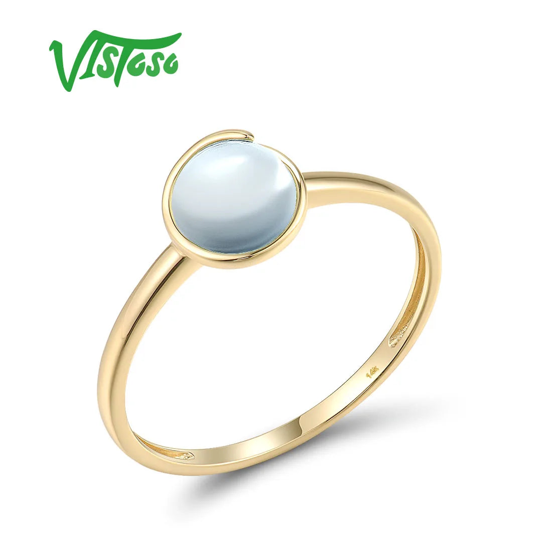 VISTOSO Pure 14K 585 Yellow Gold Rings For Women Genuine Sky Blue Topaz Solitaire Classsic Delicate Round Wedding Fine Jewelry