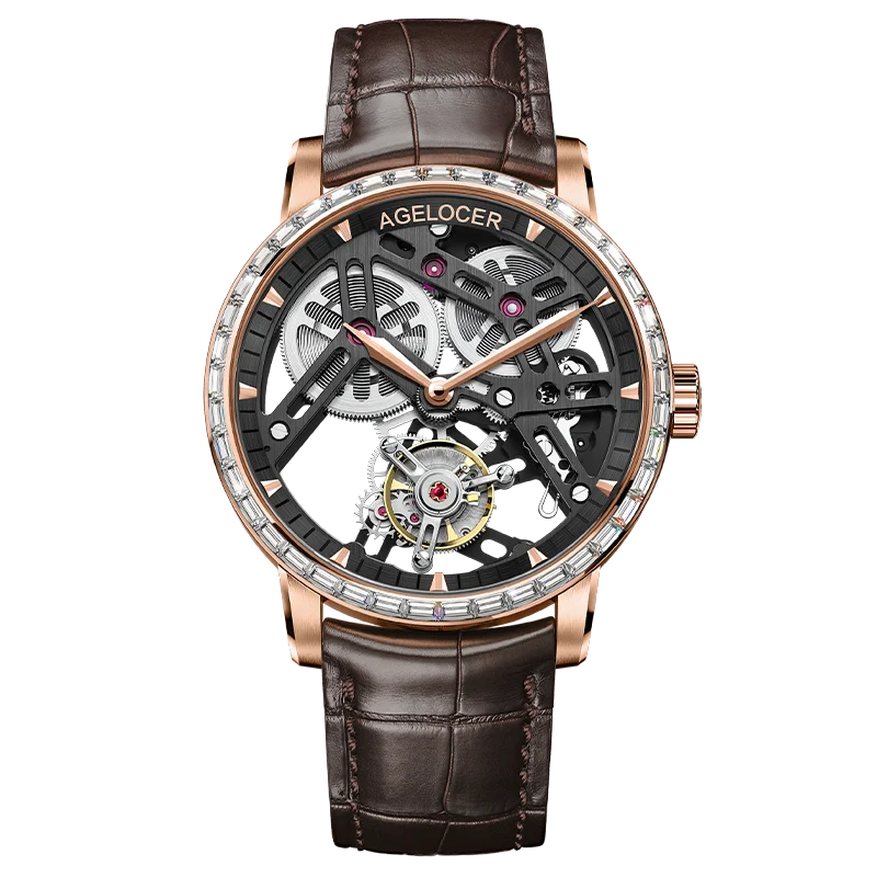 AGELOCER Original Tourbillon Watch Fashion Men's Business Formal Luxury Skeleton Manual Mechanical Watch Birthday Gift for Men