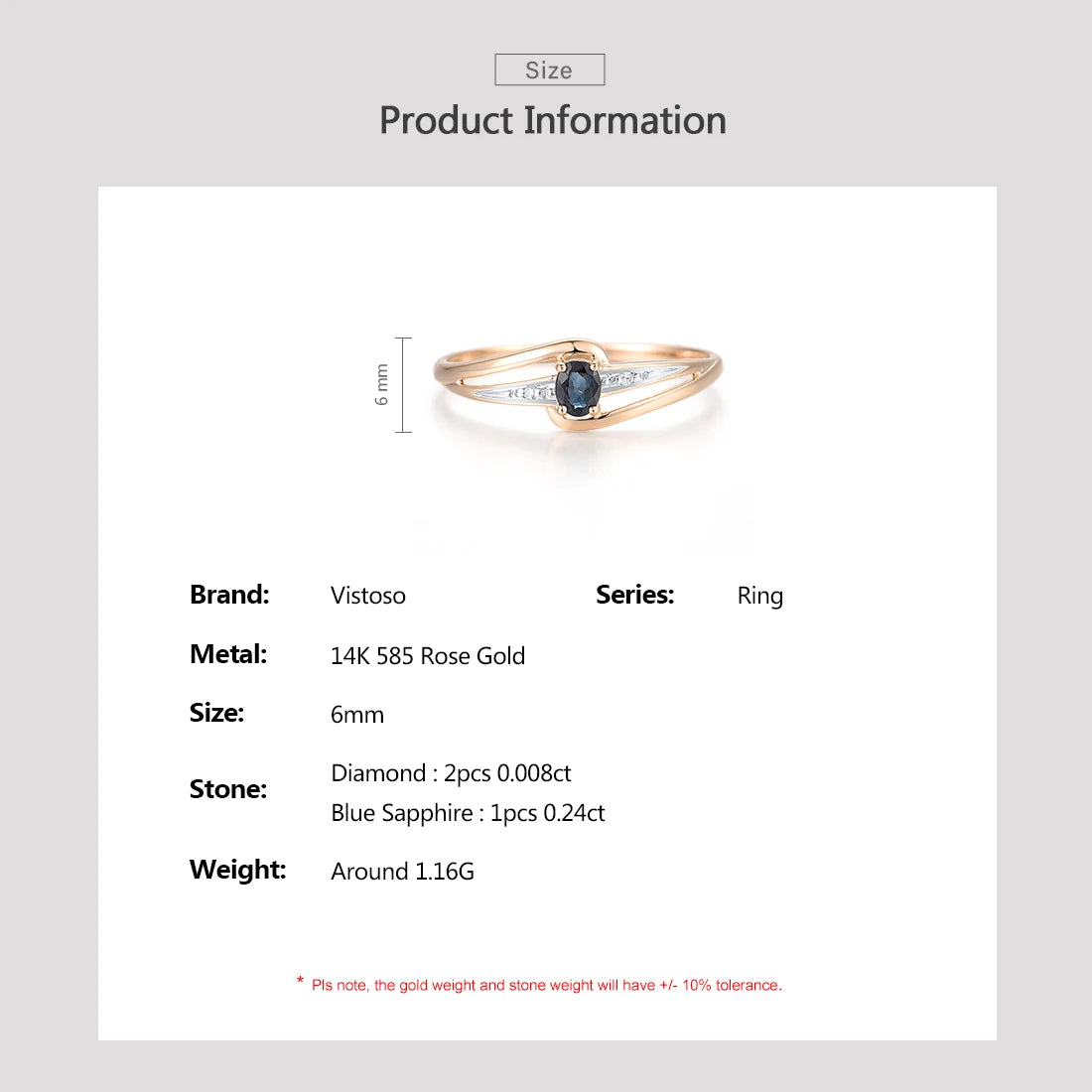 VISTOSO Authentic 14K 585 Rose Gold Solitaire Ring For Women Genuine Diamond Blue Sapphire Minimalist Daily Fine Fashion Jewelry