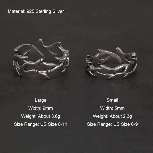 925 Sterling Silver Gothic Thorn Couple Rings for Women Men Punk Retro Cool Spiky Finger Ring Adjustable Hip-hop Y2k Jewelry