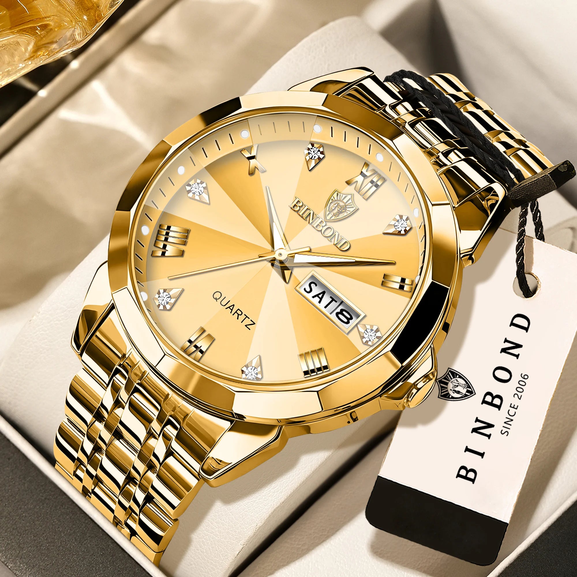 BINBOND Taper Glass Luxury Quartz Wristwatches For Men Luminous Waterproof Precise Durable men's Watch Stainless Steel Reloj