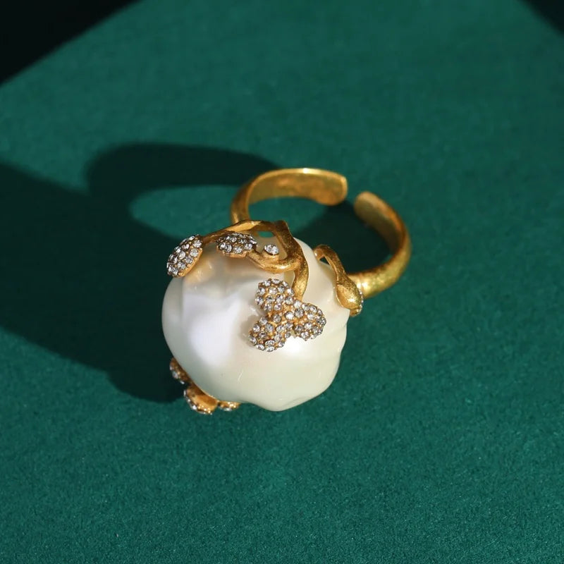 Vintage Bridal Baroque Freshwater Pearl Rings For Woman Adjustable Rhinestones Gold Color Brass Open Jewelry Accessories Wedding