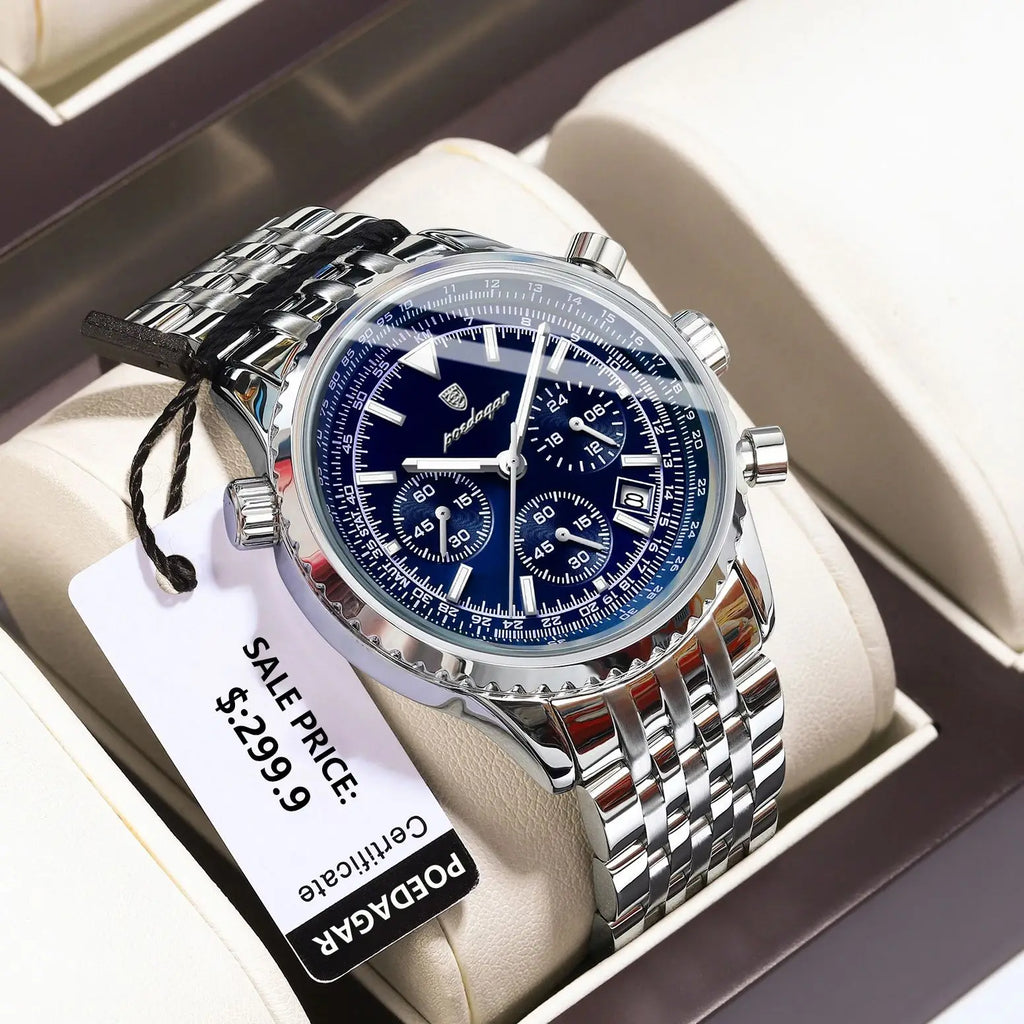 POEDAGAR Luxury Sport Man Watch Chronograph Date Waterproof Luminous Men's Quartz Watches Stainless Steel Fashion Men Wristwatch