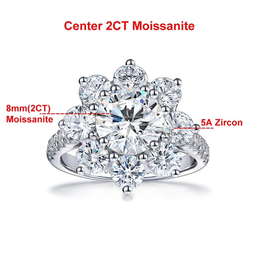 2 Carat Sunflower Real Moissanite Engagement Rings For Women 925 Sterling Silver 18K White Gold Plated Wedding Band with GRA