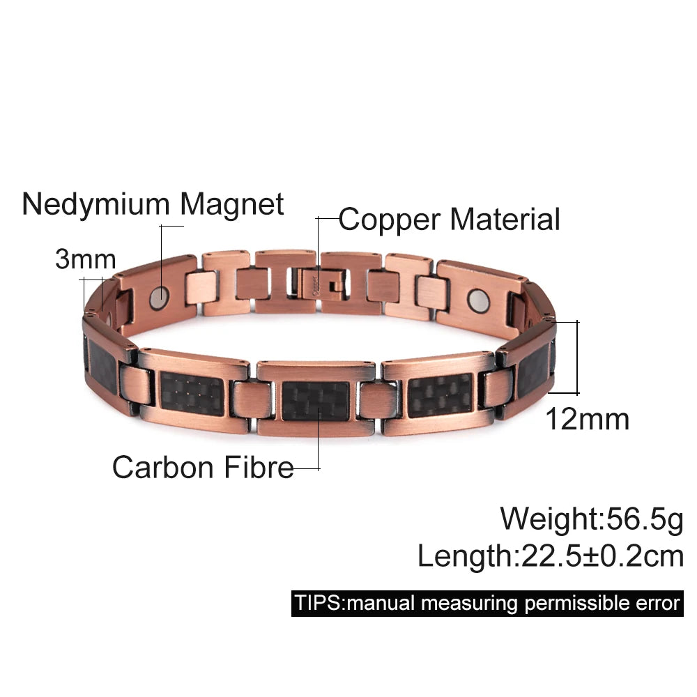 Vinterly Magnetic Pure Copper Bracelet Men 12mm Wide Wristband Metal Magnet Therapy Hand Chain Link Health Energy Male Jewelry