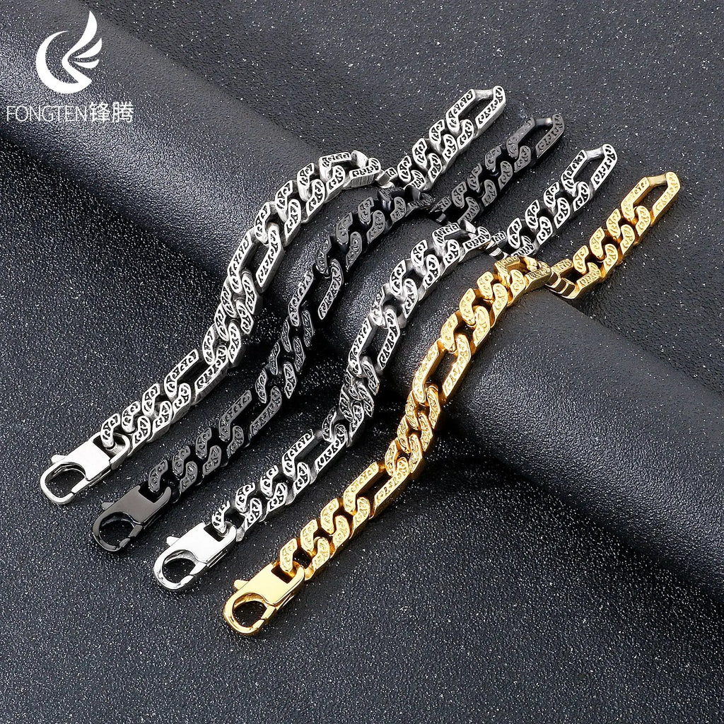 Fongten Tie Stainless Steel Men's Bracelet Mysterious Egyptian Pattern Hollow Chain Punk Rock Halloween Gift Fashion Jewelry
