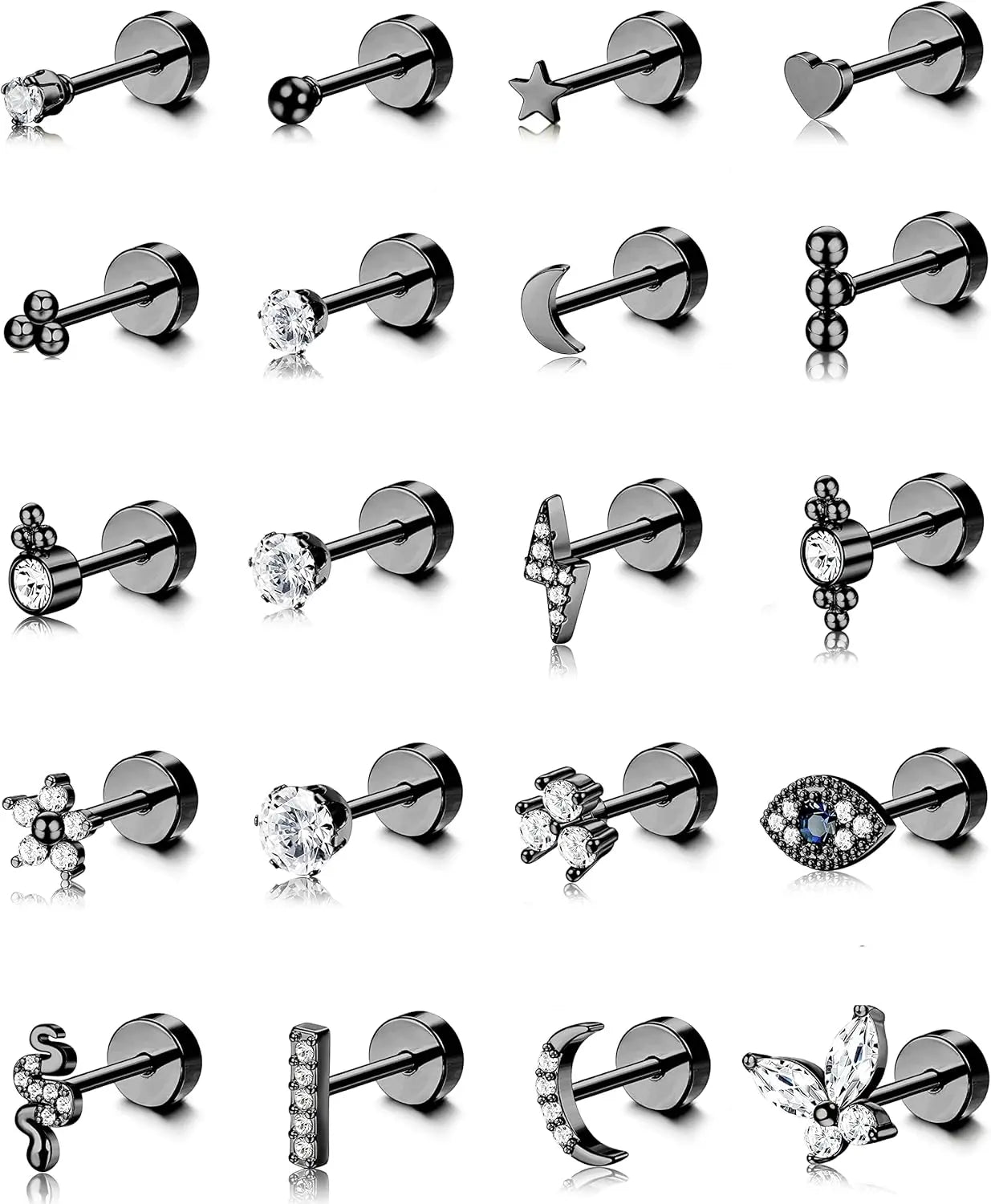 Bobisty 20PCS Flat Back Stud Earrings Surgical Steel Cartilage Earrings Tiny Ball Heart Star 20G Small Hypoallergenic Studs Set