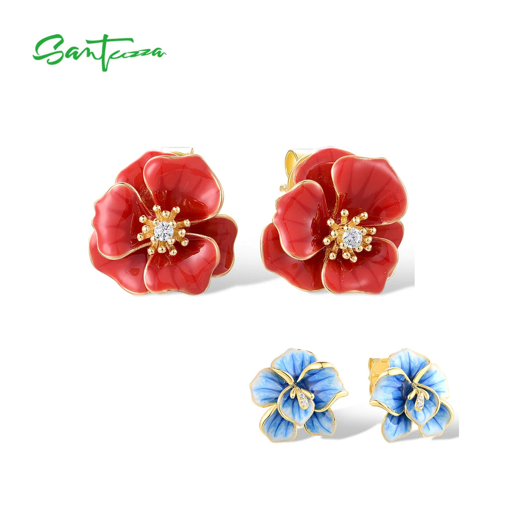 SANTUZZA Real 925 Sterling Silver Earrings For Women White CZ Red Enamel Blossom Flower Wedding Party Elegant Gift Fine Jewelry