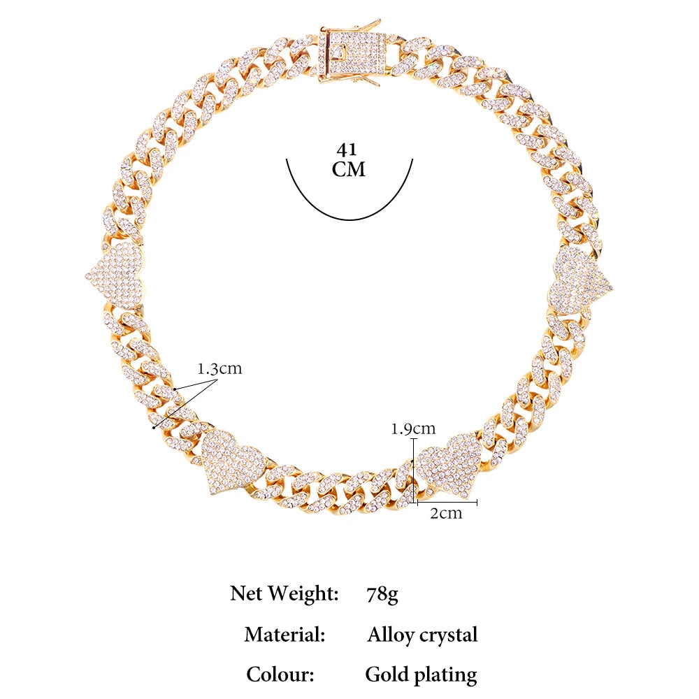 Heart Cuban Chain Necklace for Women, Gold Silver Color Iced Out Rhinestone Choker, 16/18/20 Inch Link Chain Jewelry