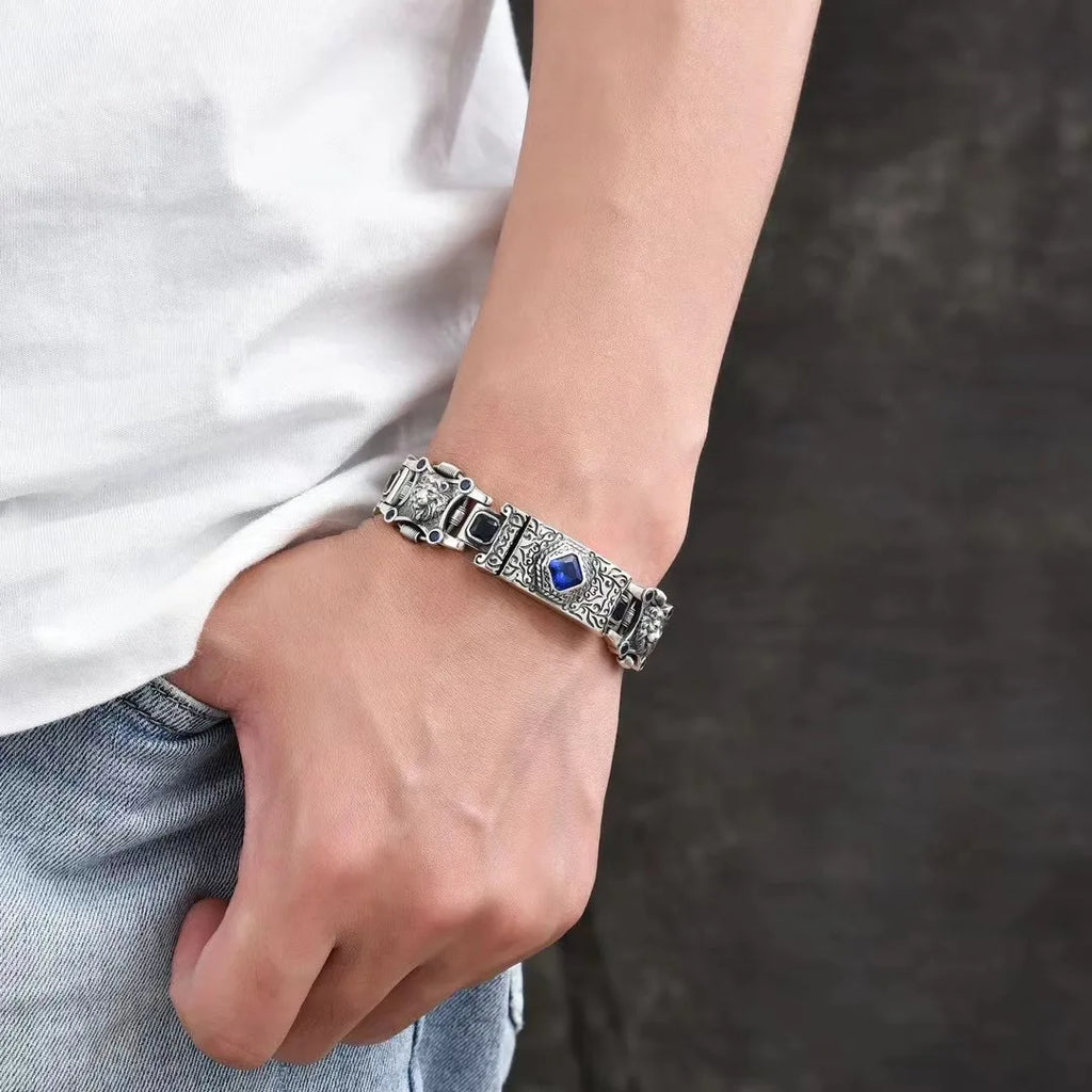 New China-Chic Men's Personality Lion Hegemony Bracelet Wide Edition Blue Diamond Bracelet Jewelry