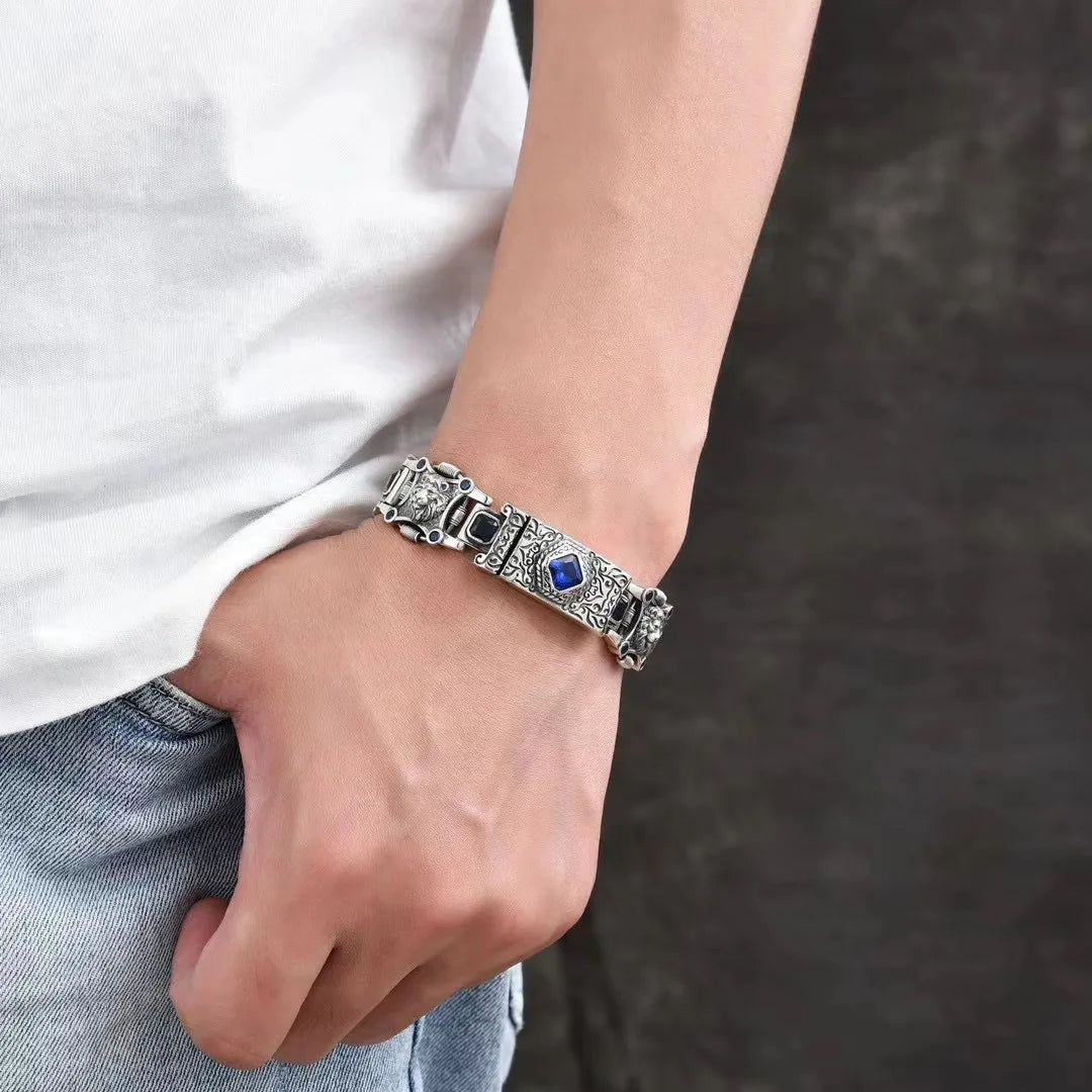 New China-Chic Men's Personality Lion Hegemony Bracelet Wide Edition Blue Diamond Bracelet Jewelry