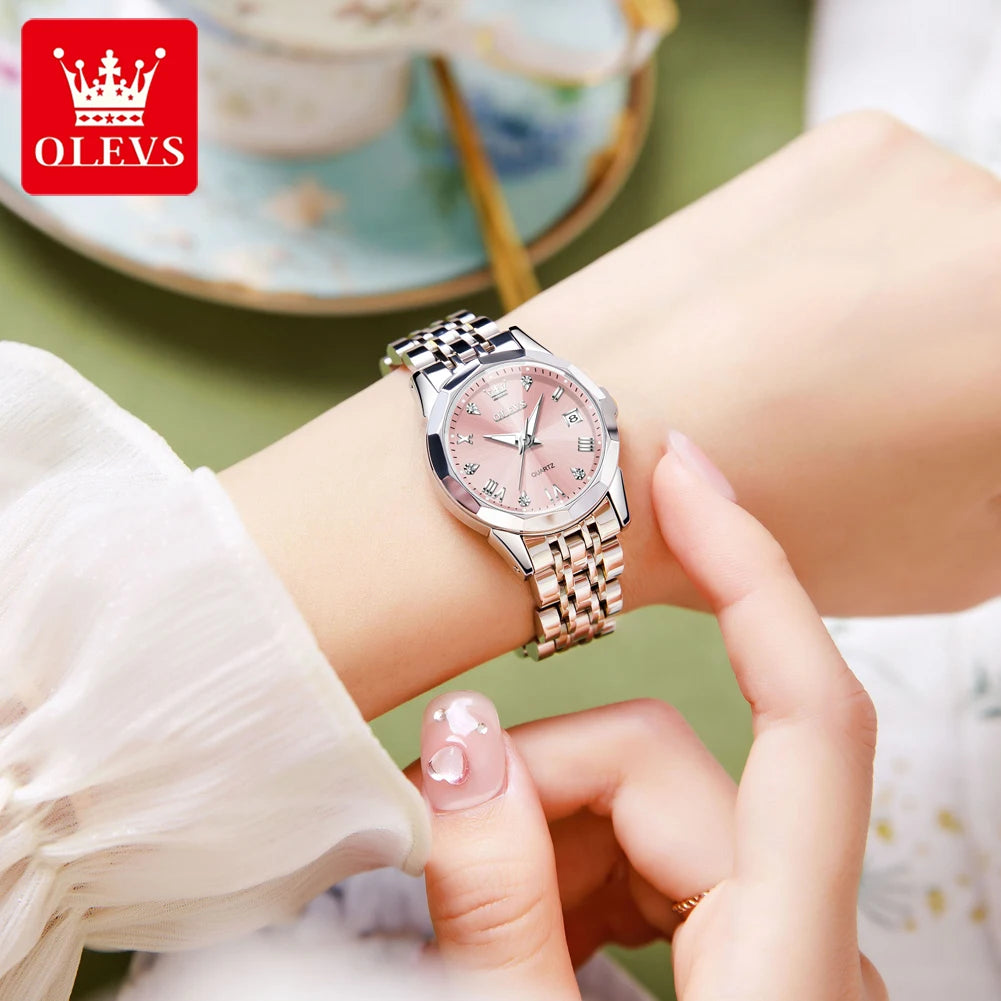 OLEVS Women Watches Elegant Luxury Stainless Steel Strap Original Quartz Wristwatch for Man Waterproof Luminous Date Trend Dress