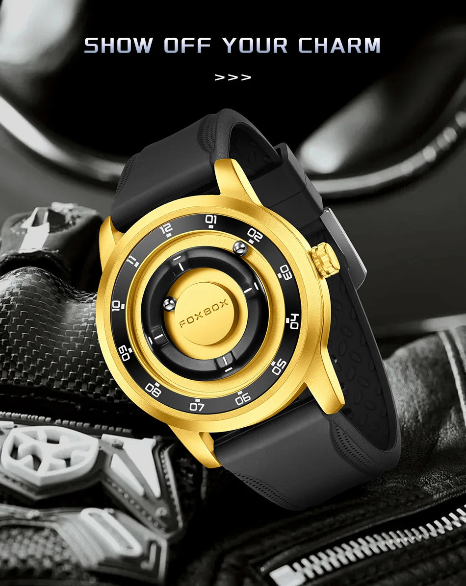 FOXBOX Watch Personalized Fashion Floating Magnetic Pointer Free Ball Bearing Creative Simple Waterproof Quartz Watch for Men