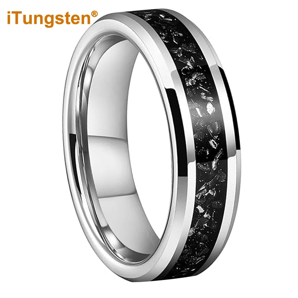 iTungsten 6mm 8mm Silver/Black Tungsten Promise Rings for Men Women Meteorite Shavings Inlay Fashion Engagement Wedding Bands