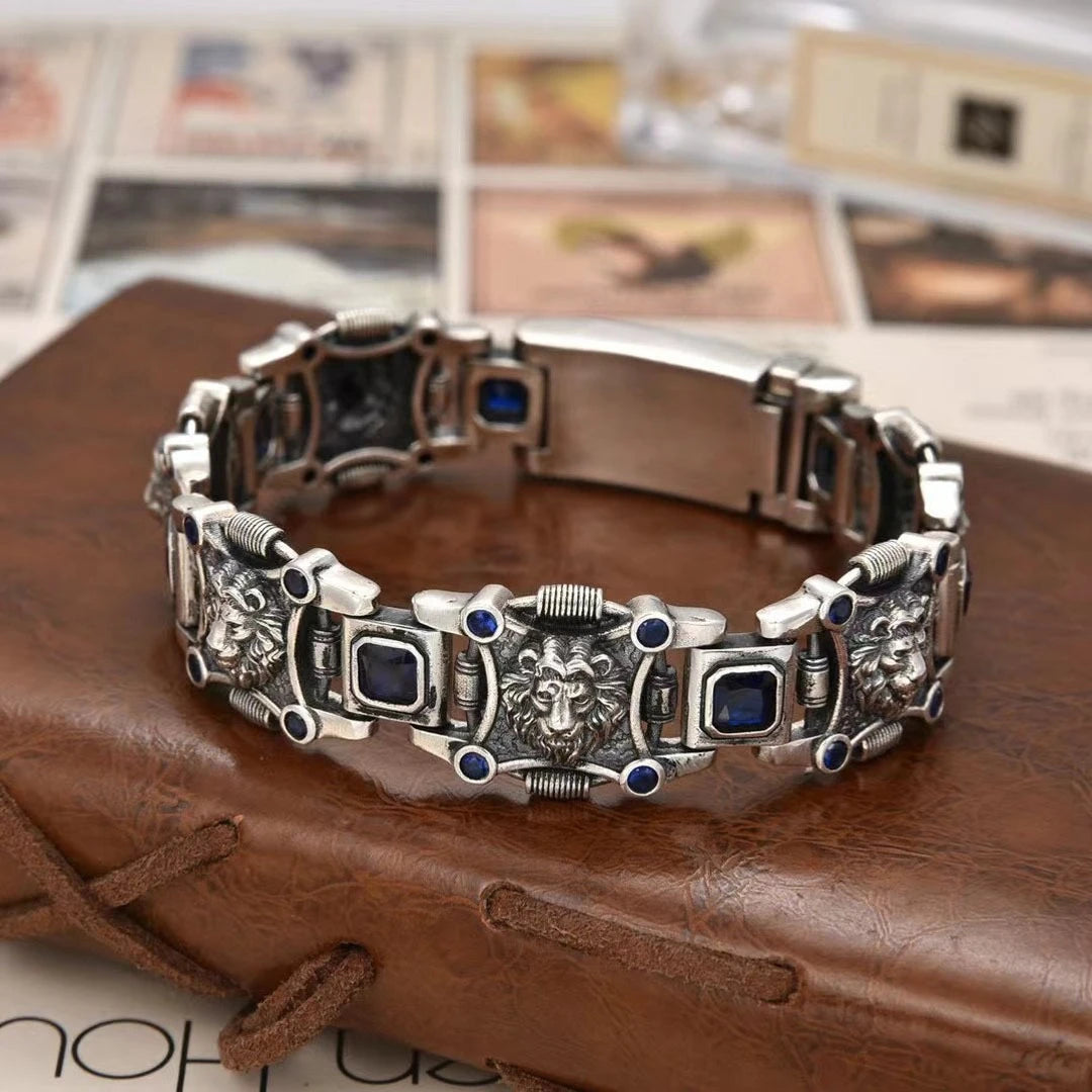 New China-Chic Men's Personality Lion Hegemony Bracelet Wide Edition Blue Diamond Bracelet Jewelry