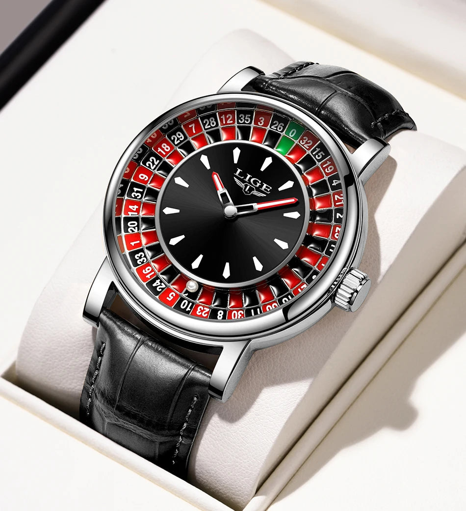LIGE Fashion Brown Leather Men Watch Rotating Dial Las Vegas Roulette Desktop Theme Watch Men Waterproof Luminous Clock Watches