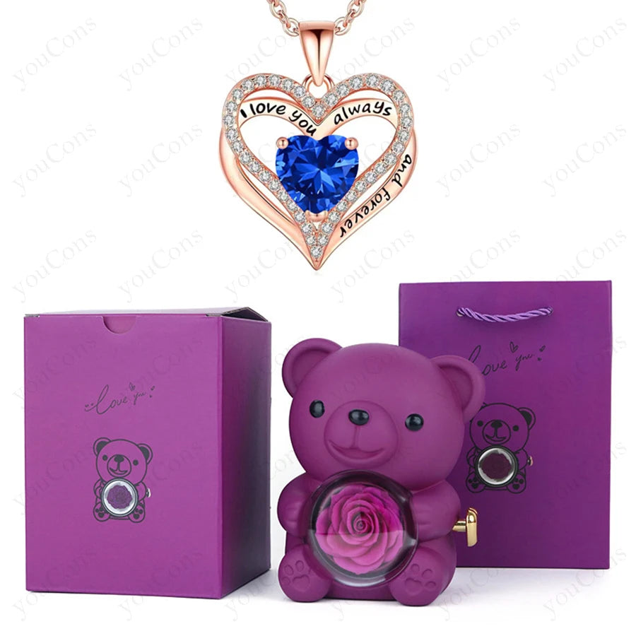 Red Heart Pendant Necklaces With Cute Bear Rose Gift Box For Women Mother Day 2026 Christmas Valentine Wedding Birthday Jewelry