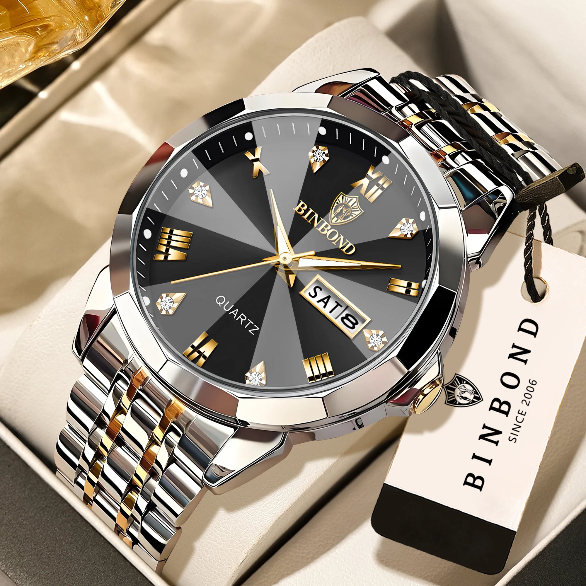 BINBOND Taper Glass Luxury Quartz Wristwatches For Men Luminous Waterproof Precise Durable men's Watch Stainless Steel Reloj