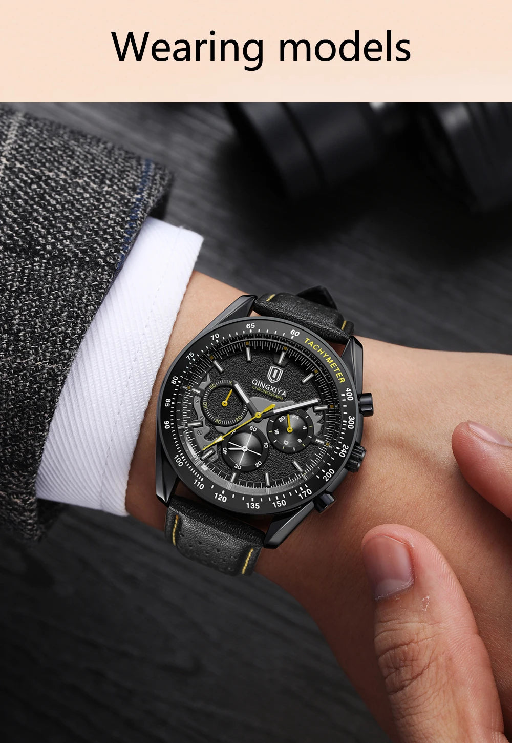 QINGXIYA Watch for Man Fashion Quartz Watch Leather Waterproof Luminous Skeleton Sport Chronograph Watches Mens Reloj Hombre